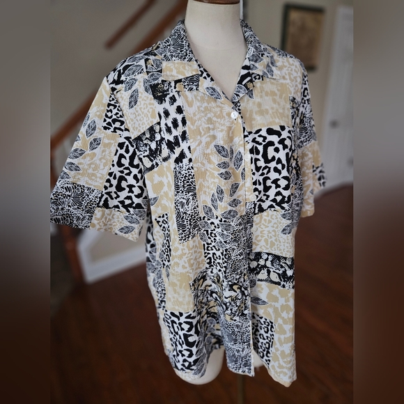 VTG Bon Worth Patchwork Animal Print Floral Button Up Top Medium - Picture 1 of 4